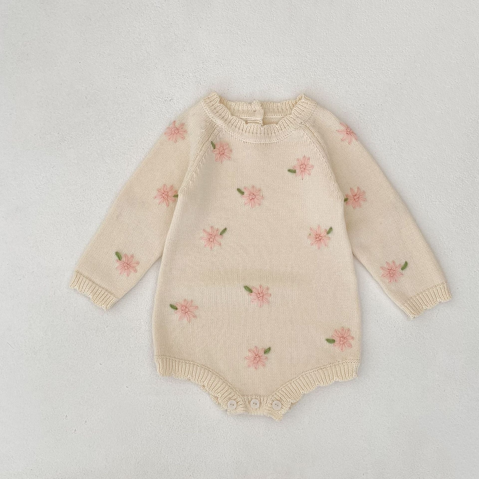 【BABY】2025秋新作 フラワー刺繍ニットロンパース