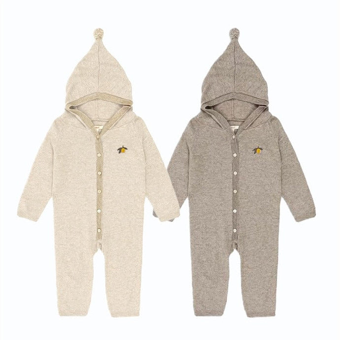 【BABY】レモン刺繍付き フード付きロンパース（秋春シーズン）