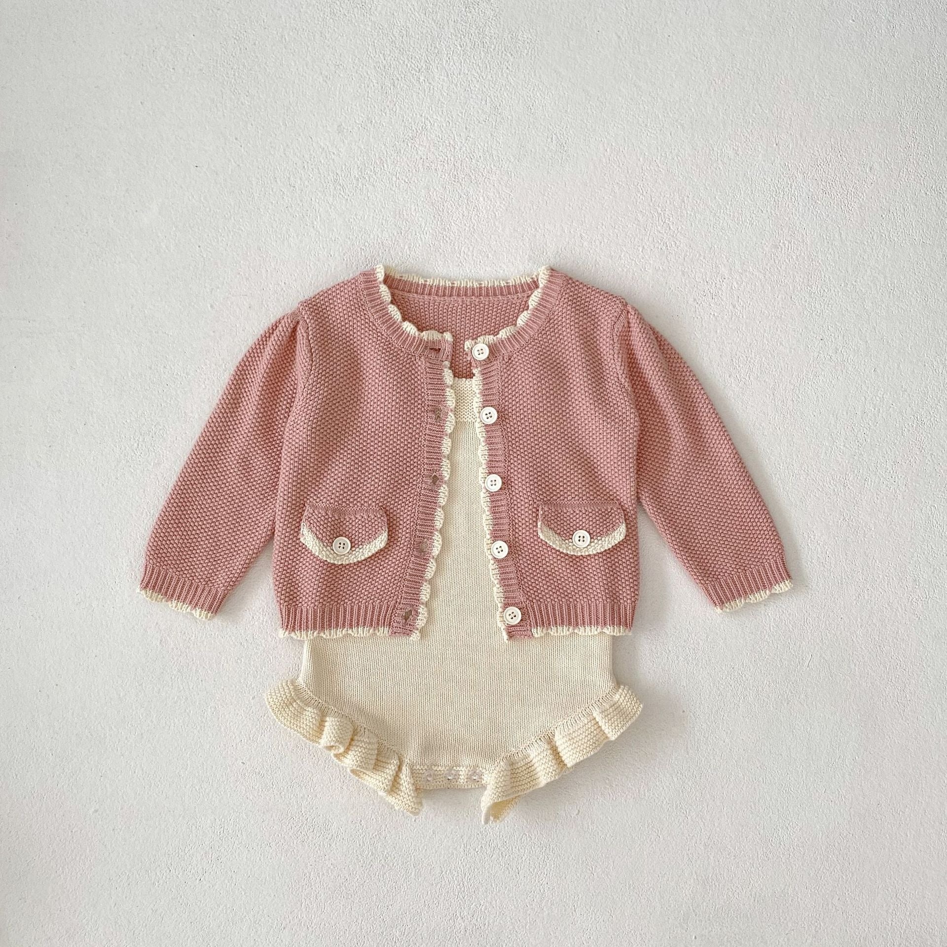 【BABY】くすみカラー襟付きニットサロペット/カーディガン