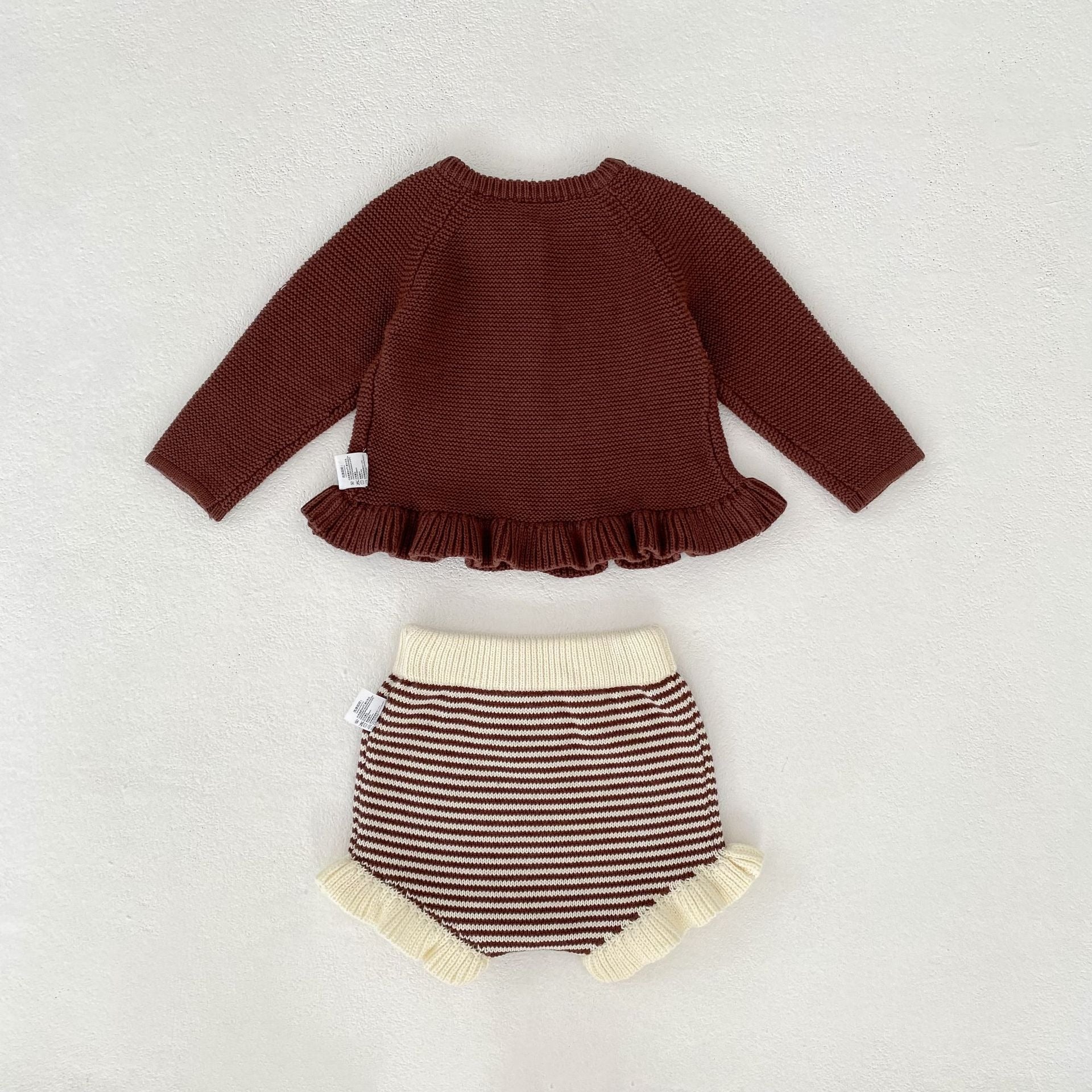 【BABY】裾フリルブラウンカーディガン/細ボーダーブルマセット