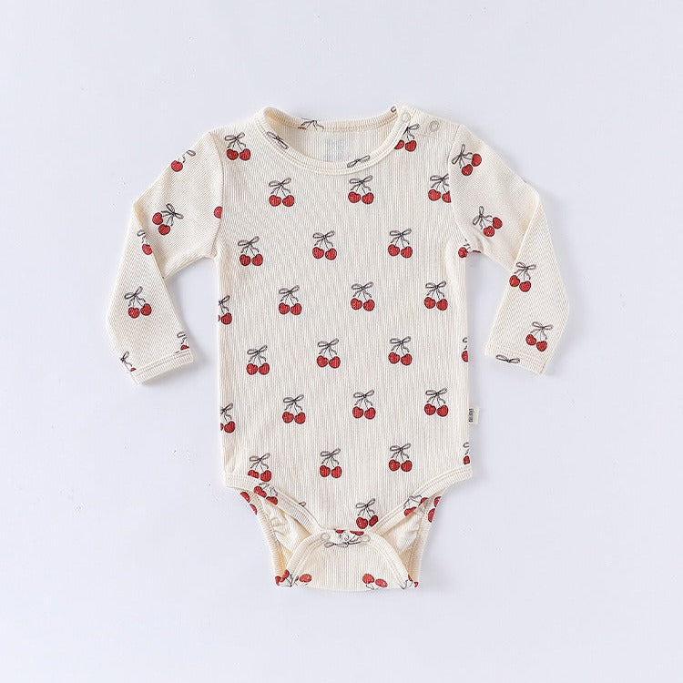 【BABY】秋コットン総柄ポインテールロンパース