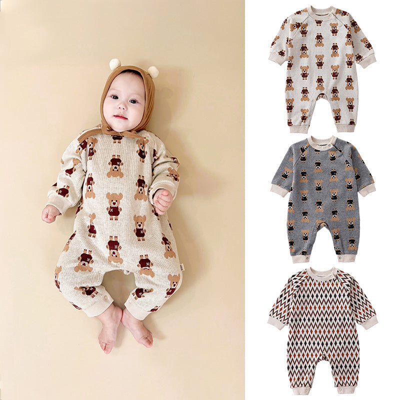 【BABY】アニマルかわいい総柄カバーオール(クマ＆菱柄) CawaKomostore