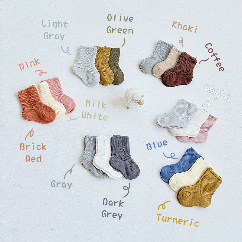 【BABY】3pcsシンプルクルーソックス (組み合わせ6種類) CawaKomostore