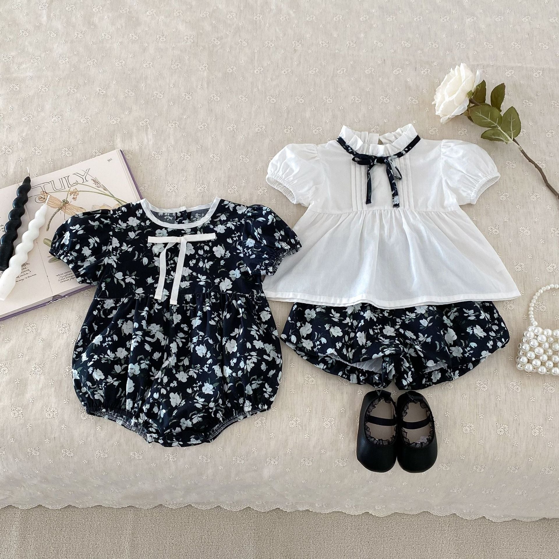 【BABY】花柄モノクロ ブラック / ロンパース / ブラウス CawaKomostore