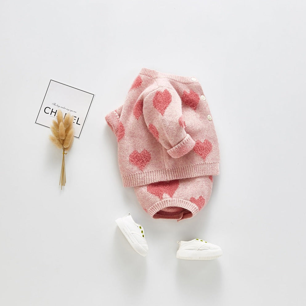 【BABY】ピンクのハート柄ロンパース＆カーディガンセット CawaKomostore