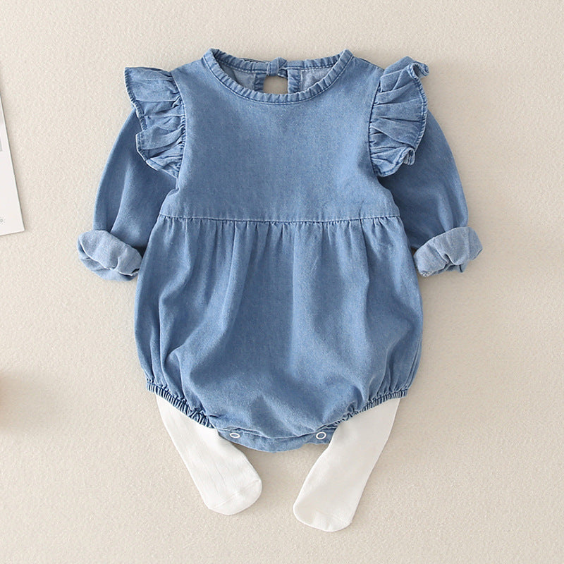 【BABY】シャツ風＆ ショルダーフリル デニムロンパース CawaKomostore