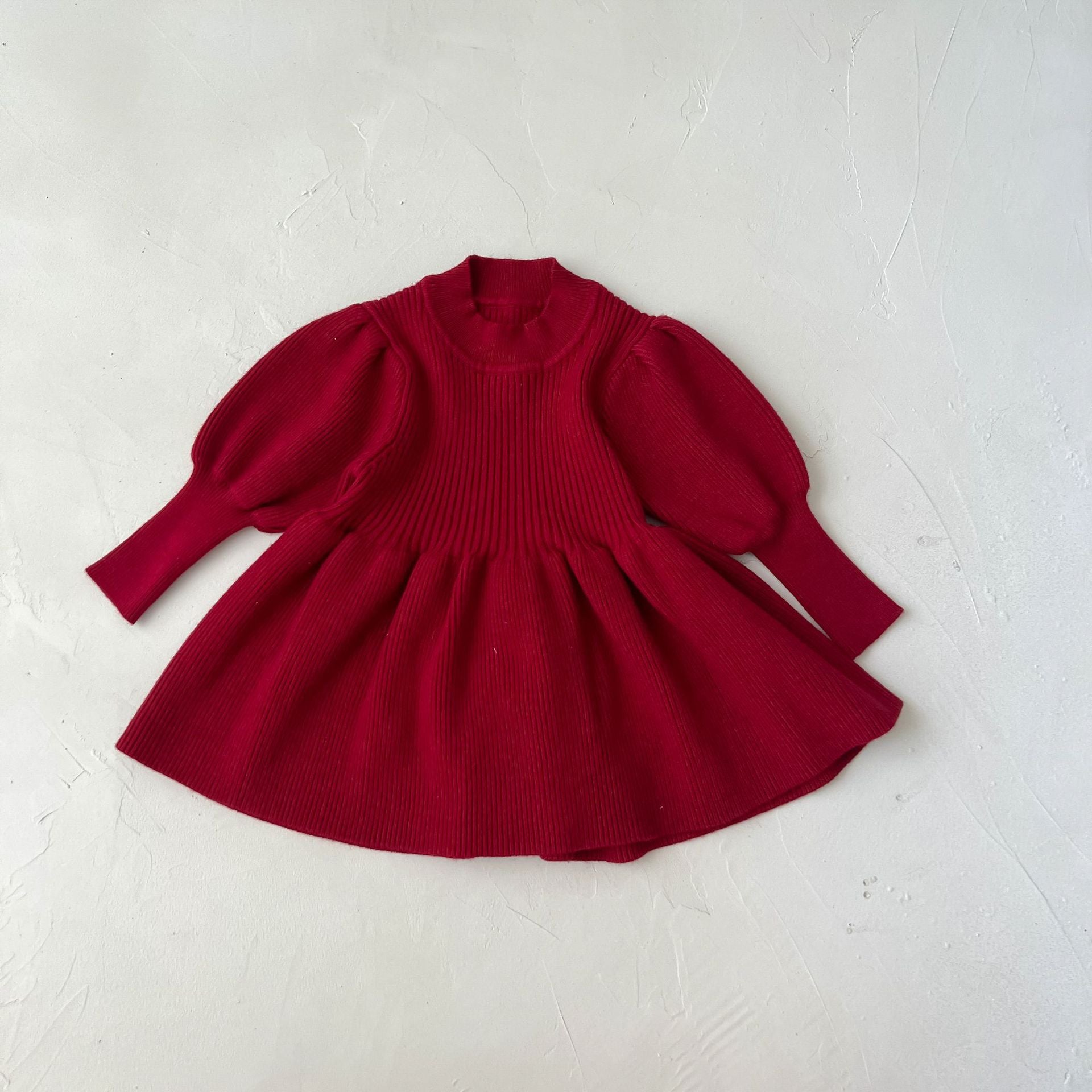 【GIRL】ホワイト・レッドニット女の子長袖ワンピース CawaKomostore