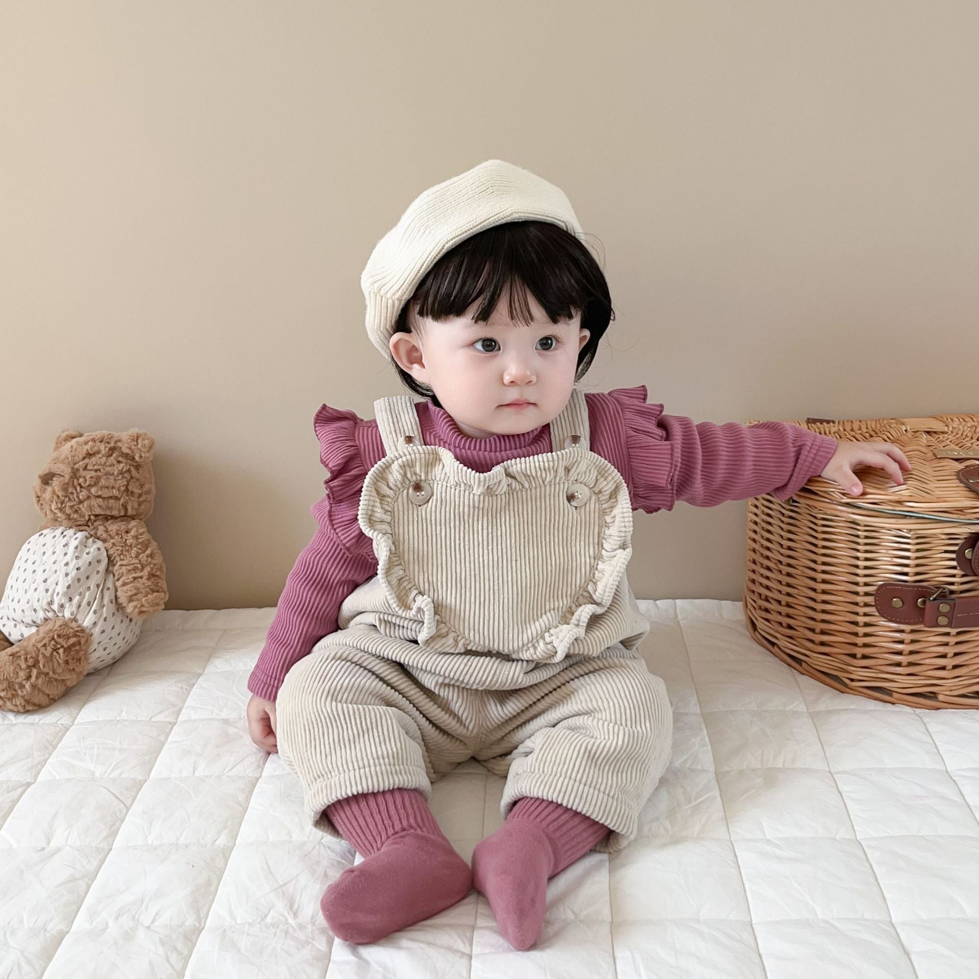 【BABY】チェリー柄トップス＆フリルコーデュロイオーバーオール CawaKomostore