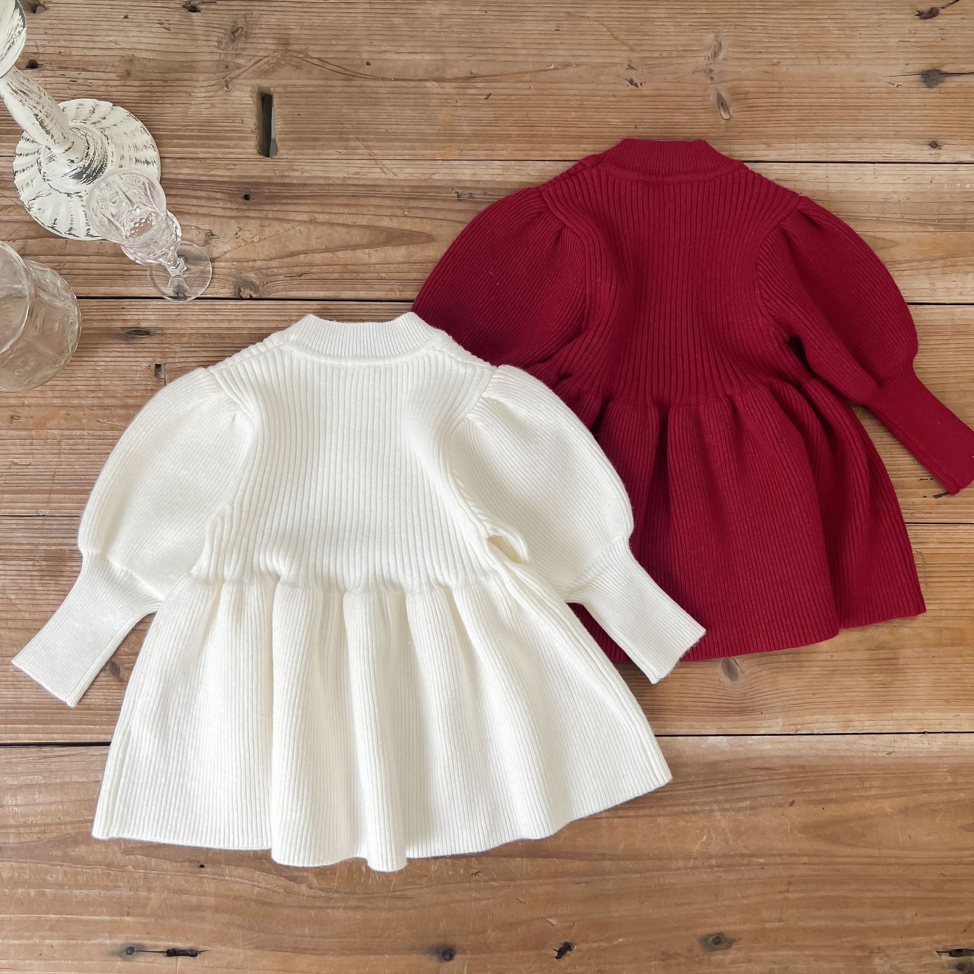 【GIRL】ホワイト・レッドニット女の子長袖ワンピース CawaKomostore