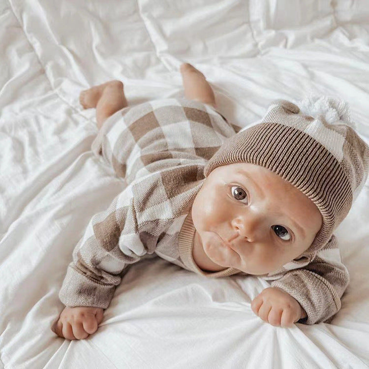 【BABY】チェックニットロンパース＋ニット帽 CawaKomostore