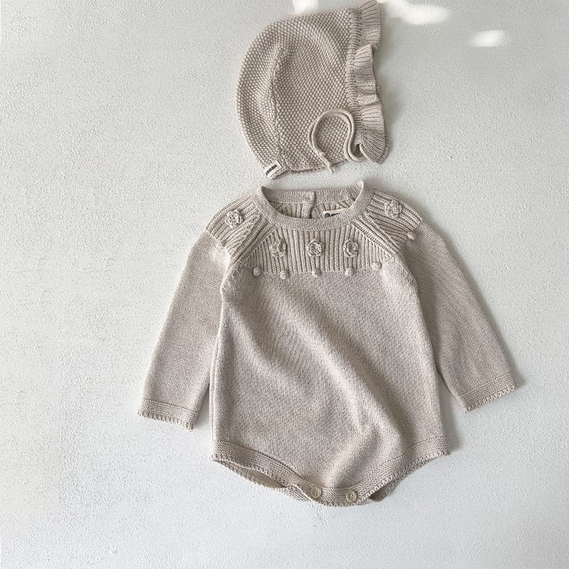 【BABY】ポンポンデザインカラーロンパース ボンネット付き CawaKomostore