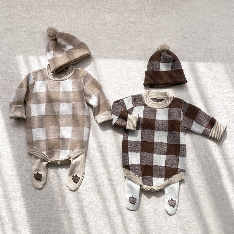 【BABY】チェックニットロンパース＋ニット帽 CawaKomostore