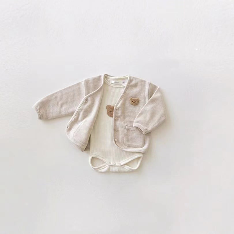 【GIRL・BOY】くま刺繍コットンワッフルカーディガン CawaKomostore