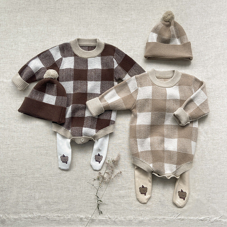 【BABY】チェックニットロンパース＋ニット帽 CawaKomostore