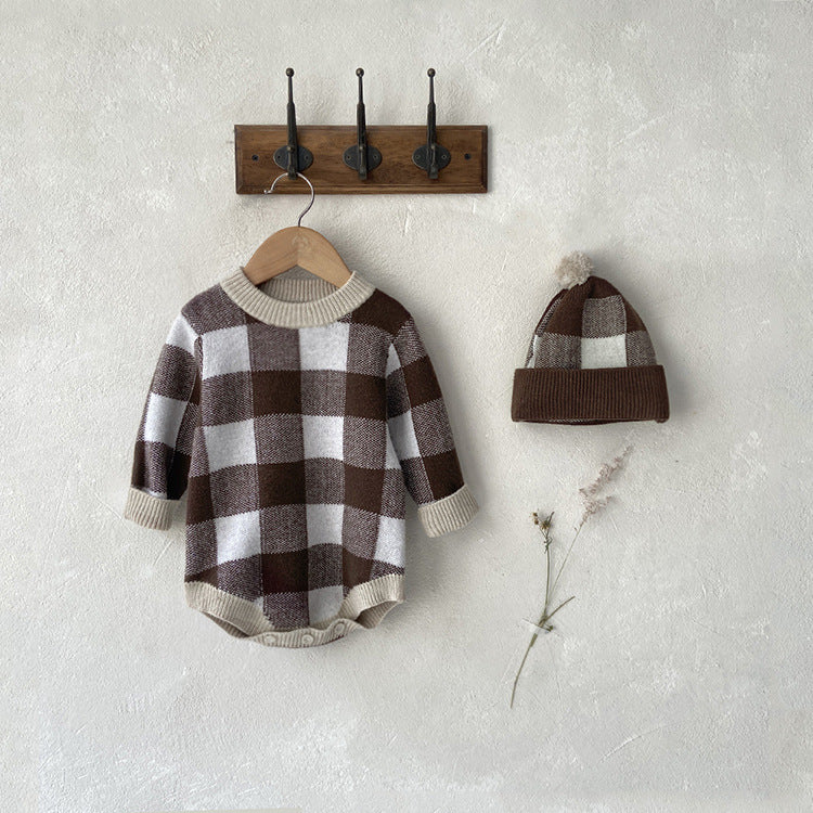 【BABY】チェックニットロンパース＋ニット帽 CawaKomostore