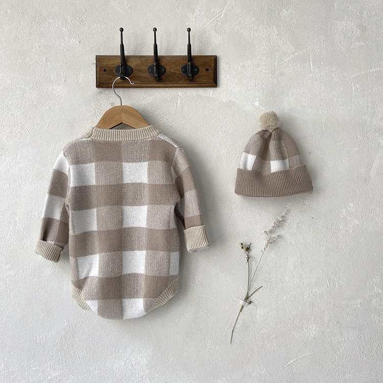 【BABY】チェックニットロンパース＋ニット帽 CawaKomostore