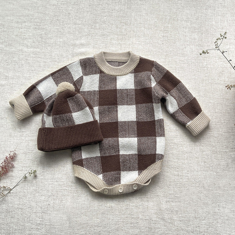 【BABY】チェックニットロンパース＋ニット帽 CawaKomostore