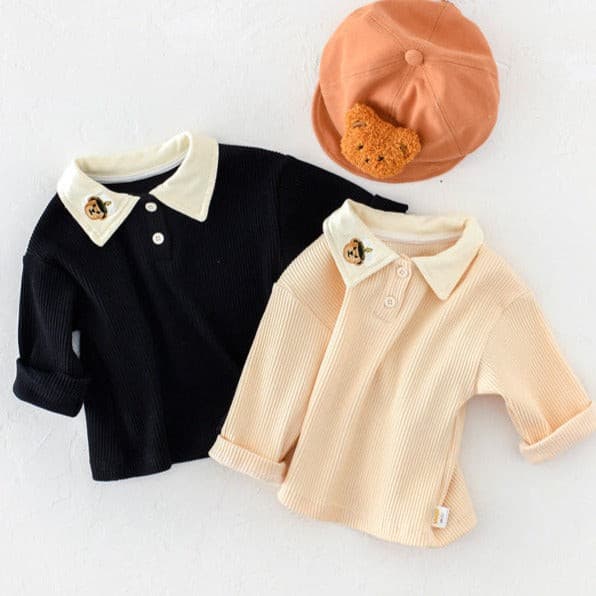 【BABY】刺繡ネイビーベアー長袖ポロシャツ CawaKomostore