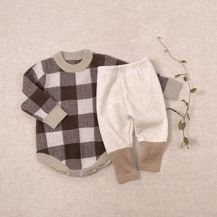 【BABY】チェックニットロンパース＋ニット帽 CawaKomostore
