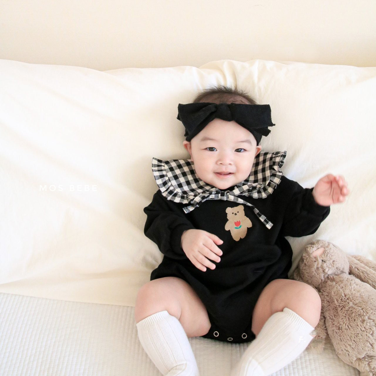 【BABY】くまちゃんロンパース(チェックフリルカラー付き) CawaKomostore