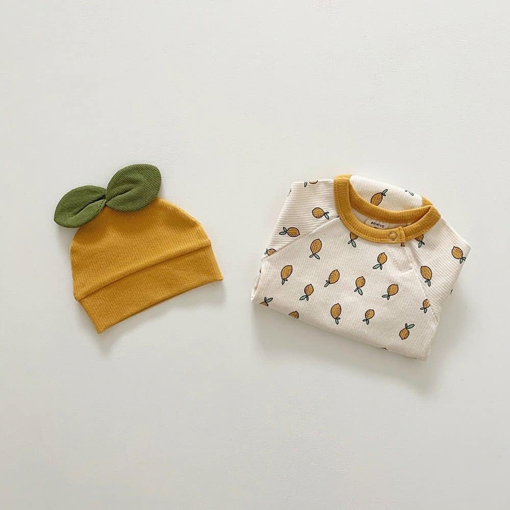 【BABY】帽子付き・Lemon柄ロンパース2点セットアップ CawaKomostore