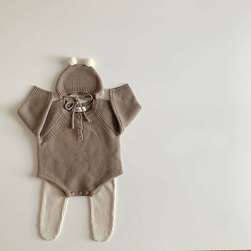 【BABY】帽子付き熊ちゃんニットロンパース CawaKomostore