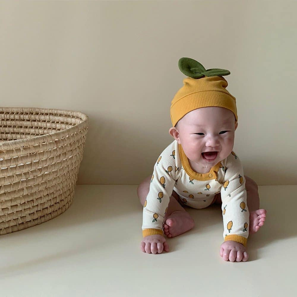 【BABY】帽子付き・Lemon柄ロンパース2点セットアップ CawaKomostore