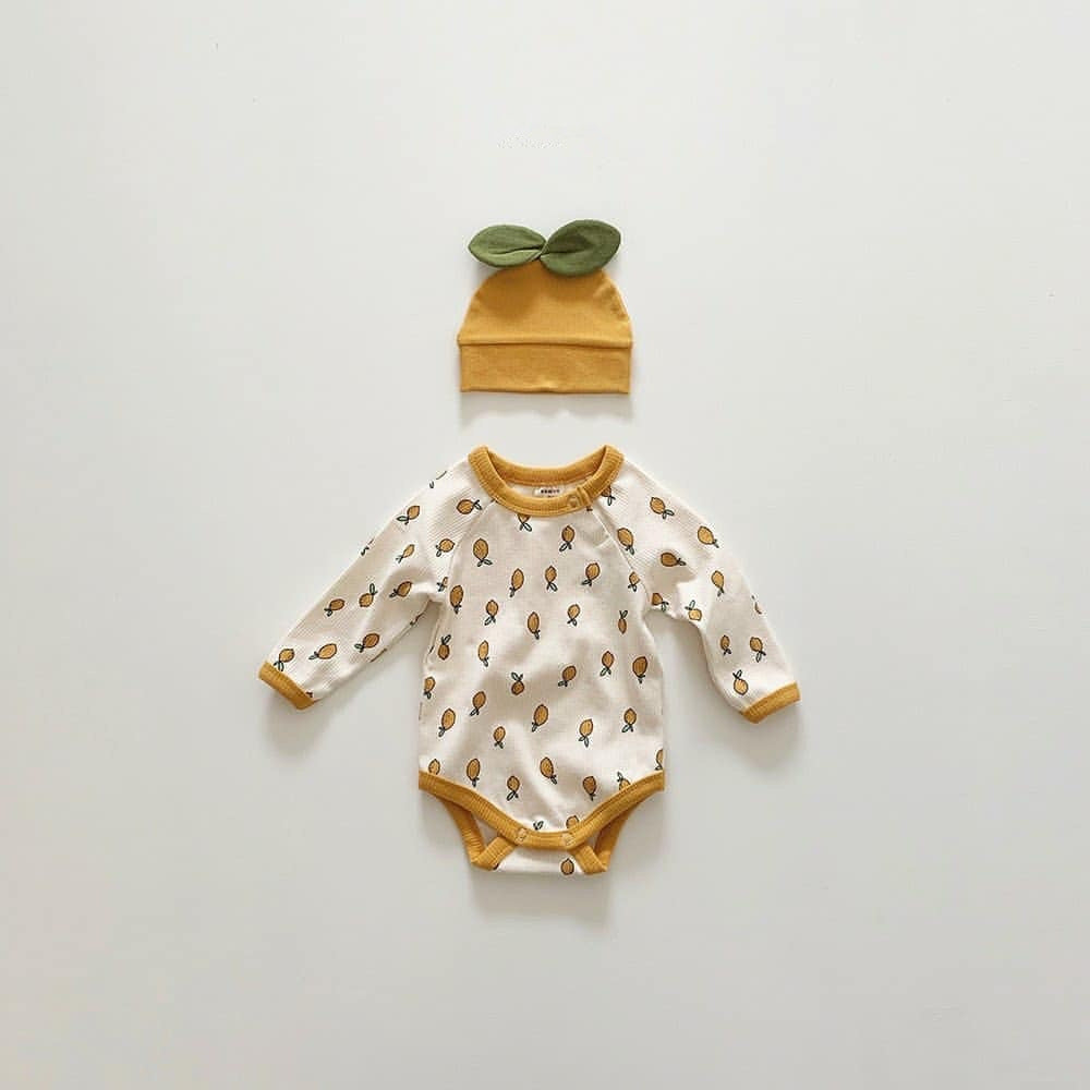 【BABY】帽子付き・Lemon柄ロンパース2点セットアップ CawaKomostore